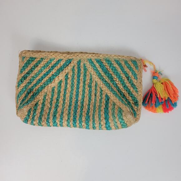 Francesca's Womens Clutch Bag Turquoise Santorini Woven Straw Colorful Tassel - Picture 1 of 9